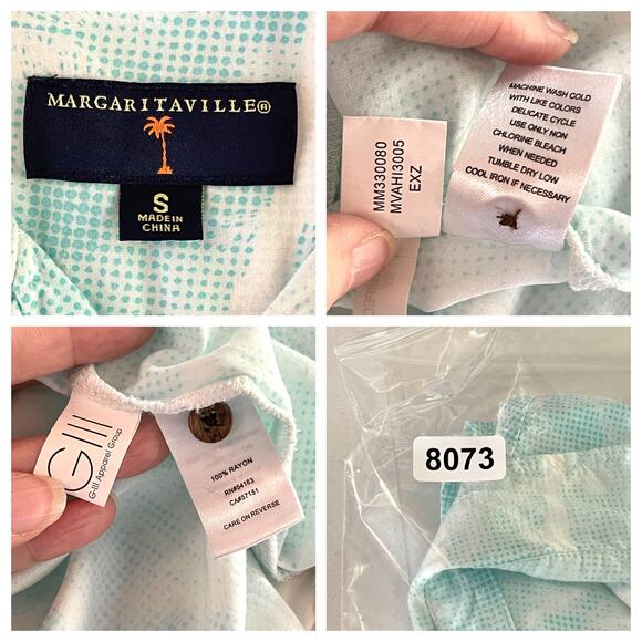 Margaritaville Mens Button Front Shirt Sz S Aqua Blue Palm Tree Polka Dots Aloha - Picture 8 of 8